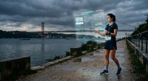 Corredora a interagir com um ecrã holográfico de saúde junto ao rio Tejo, com a Ponte 25 de Abril ao fundo