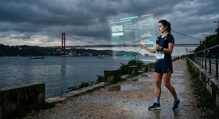 Corredora a interagir com um ecrã holográfico de saúde junto ao rio Tejo, com a Ponte 25 de Abril ao fundo