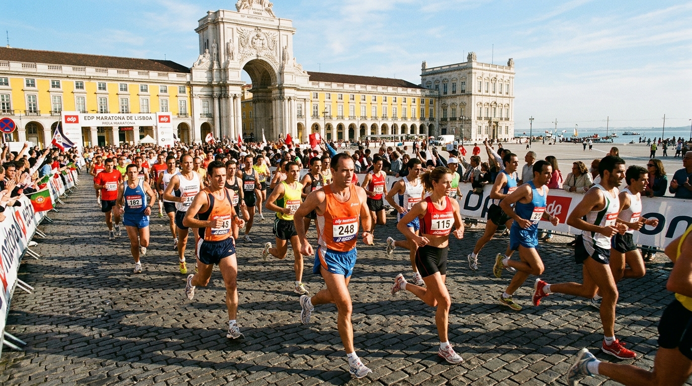 Corredores na Maratona de Lisboa EDP a passar pela Praça do Comércio, com o Arco da Rua Augusta ao fundo