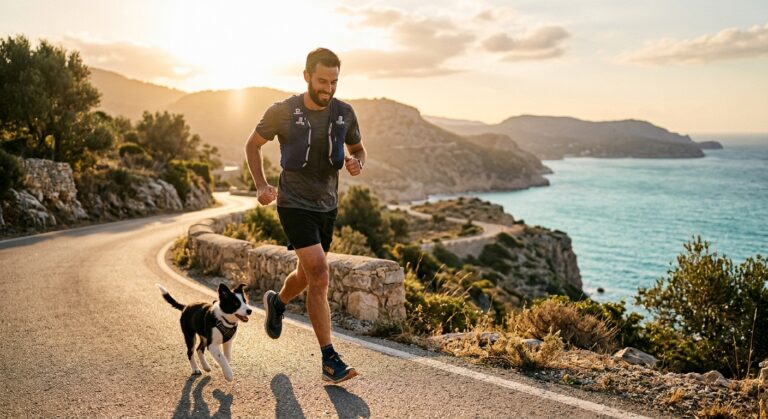 Homem a correr com um cachorro Border Collie numa estrada costeira sinuosa ao pôr do sol