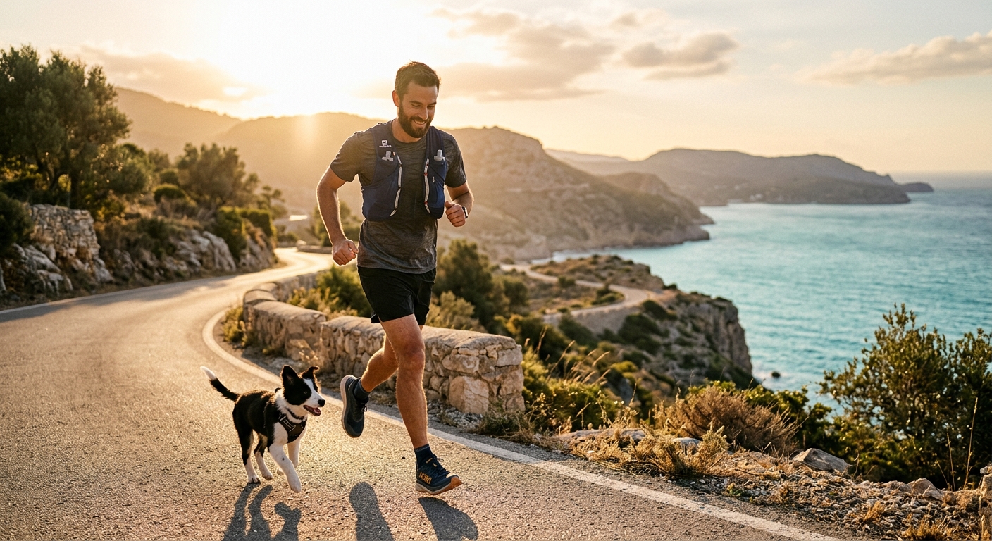 Homem a correr com um cachorro Border Collie numa estrada costeira sinuosa ao pôr do sol
