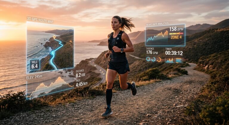 Mulher a correr num trilho costeiro com gráficos digitais de GPS, ritmo e frequência cardíaca ao pôr do sol