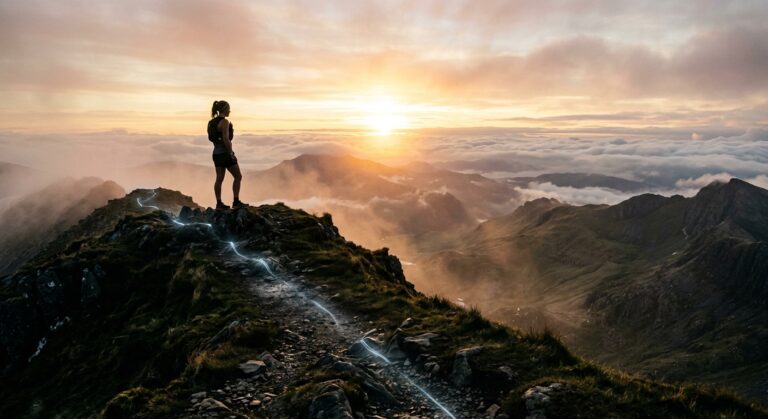 Mulher no topo de uma montanha ao nascer do sol, com um trilho iluminado a azul a subir a encosta