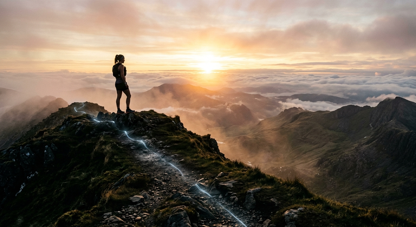 Mulher no topo de uma montanha ao nascer do sol, com um trilho iluminado a azul a subir a encosta