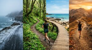 Quatro cenários de corrida: costa com neve, floresta verde, passadiço junto ao mar e trilho de montanha ao pôr do sol