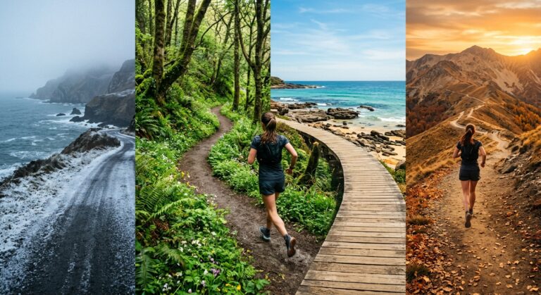 Quatro cenários de corrida: costa com neve, floresta verde, passadiço junto ao mar e trilho de montanha ao pôr do sol